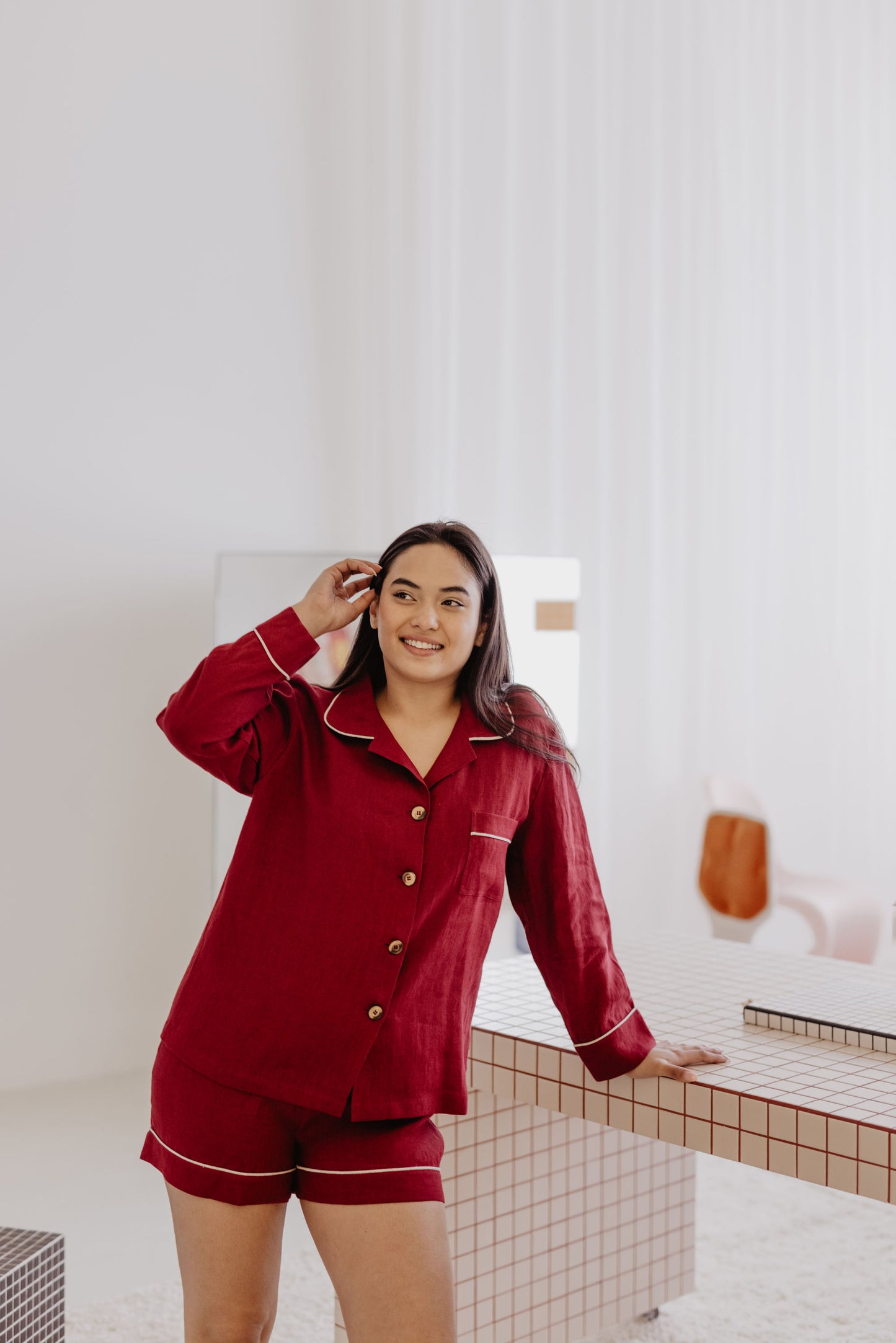 Women's linen pyjama set PILNATIS with shorts