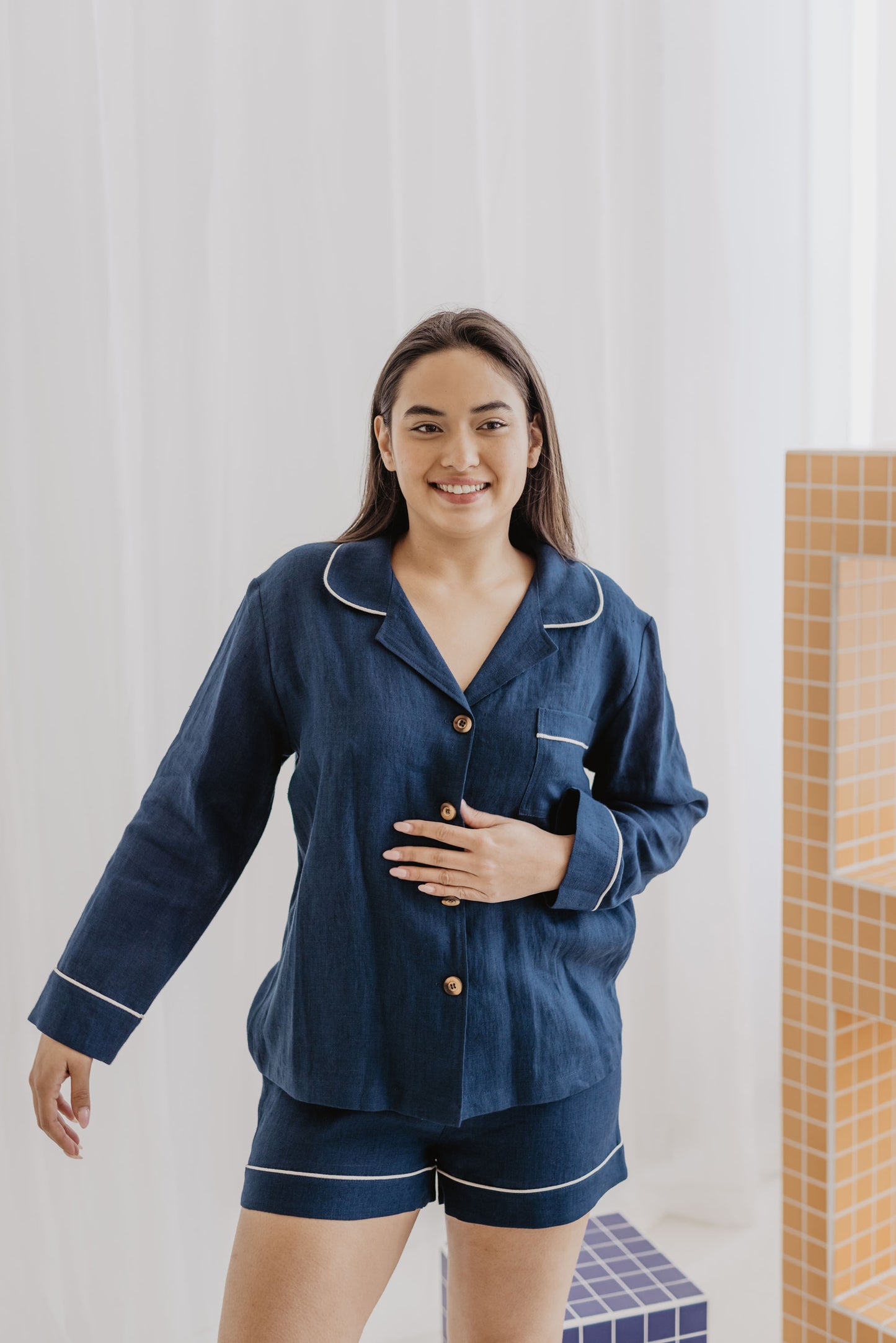 Women's linen pyjama set PILNATIS with shorts