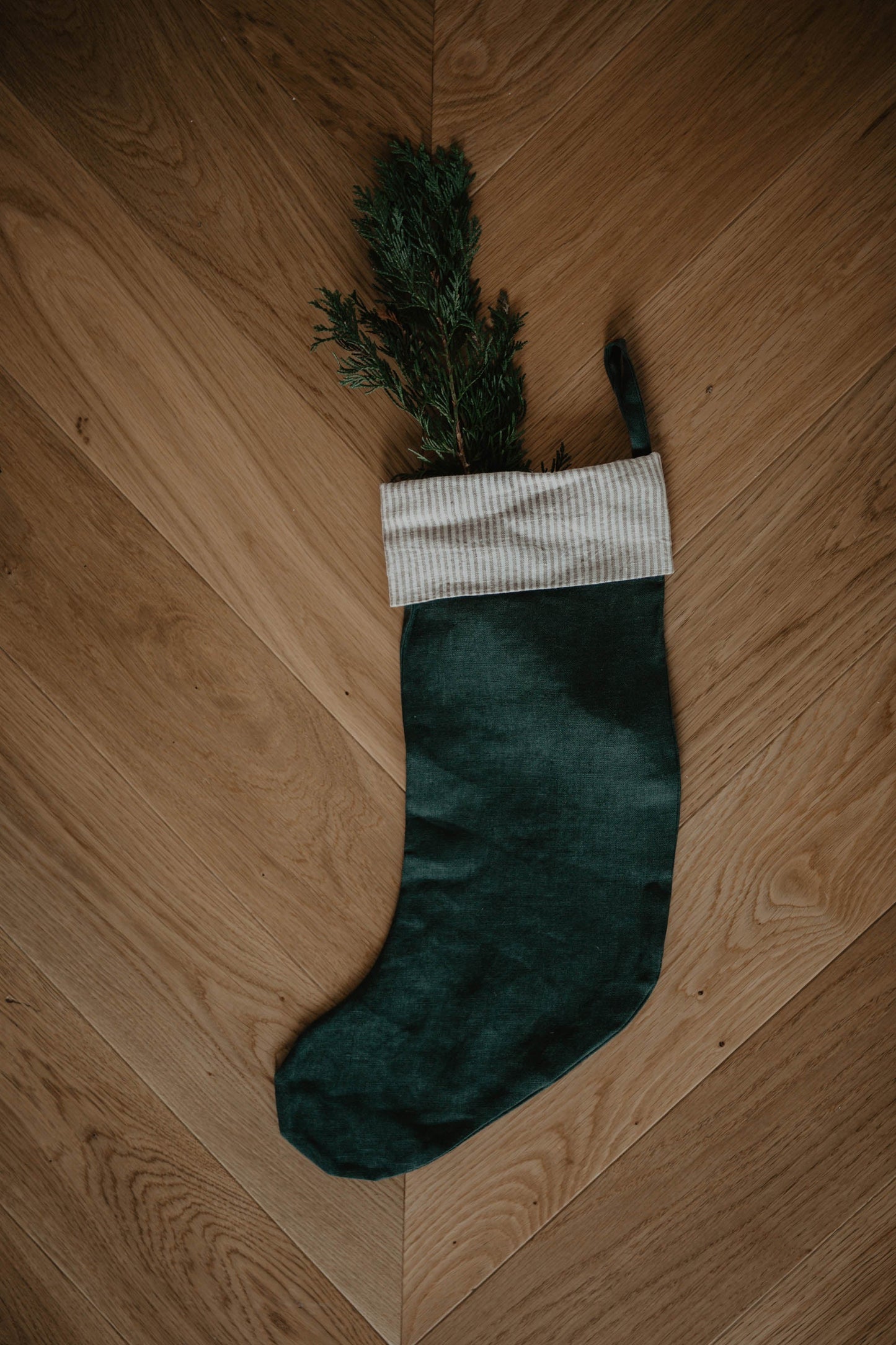 Linen Christmas Stocking with a striped cuff