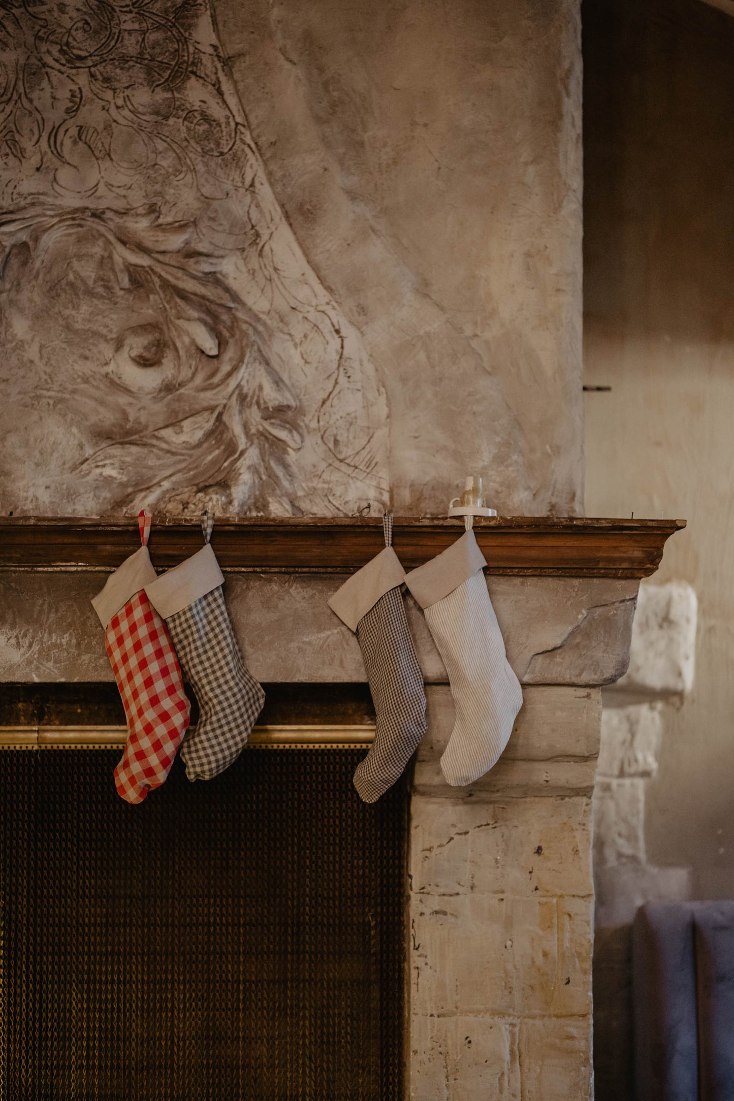 Linen Christmas Stocking in checks and stripes