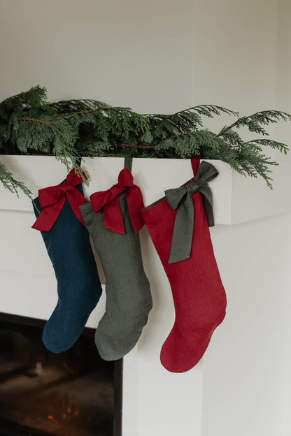 Linen Christmas Stocking with a bow