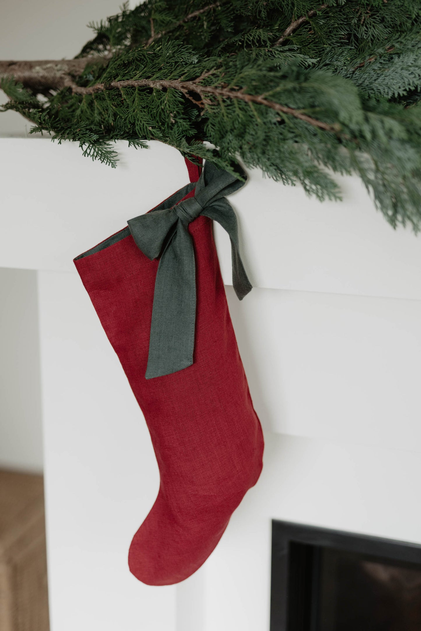 Linen Christmas Stocking with a bow
