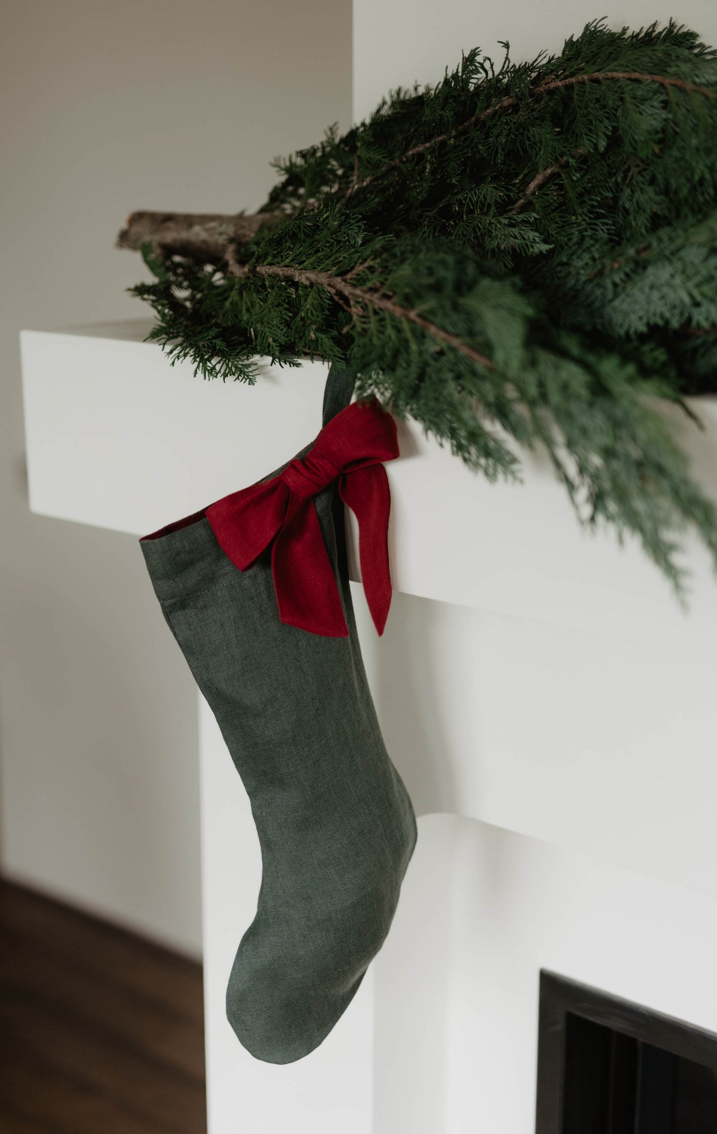 Linen Christmas Stocking with a bow
