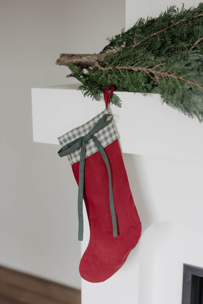 Linen Christmas Stocking with a festive bow detail