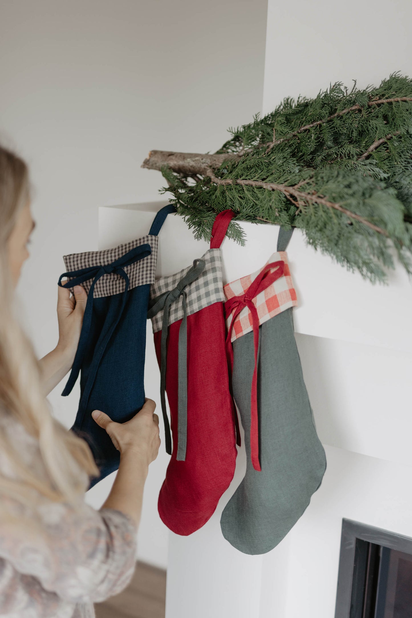 Linen Christmas Stocking with a festive bow detail