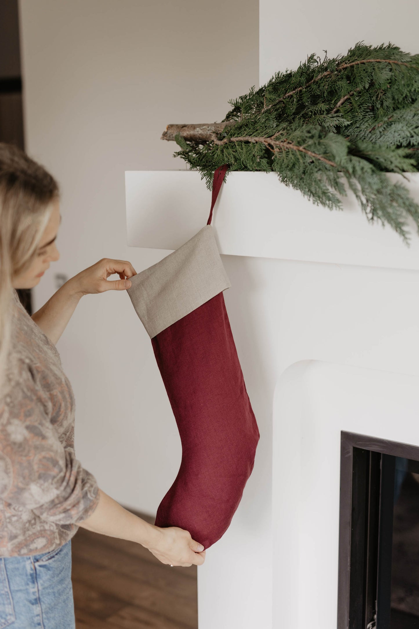 Large linen Christmas Stocking