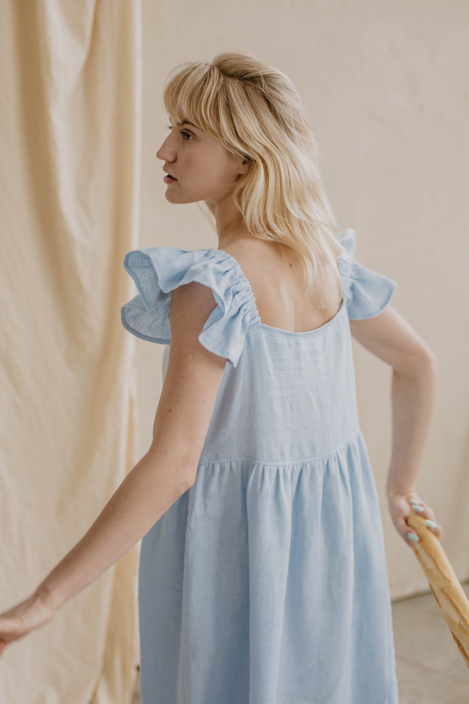 linen dress with ruffles One-Shoulder Ruffle Linen Column Midi Dress