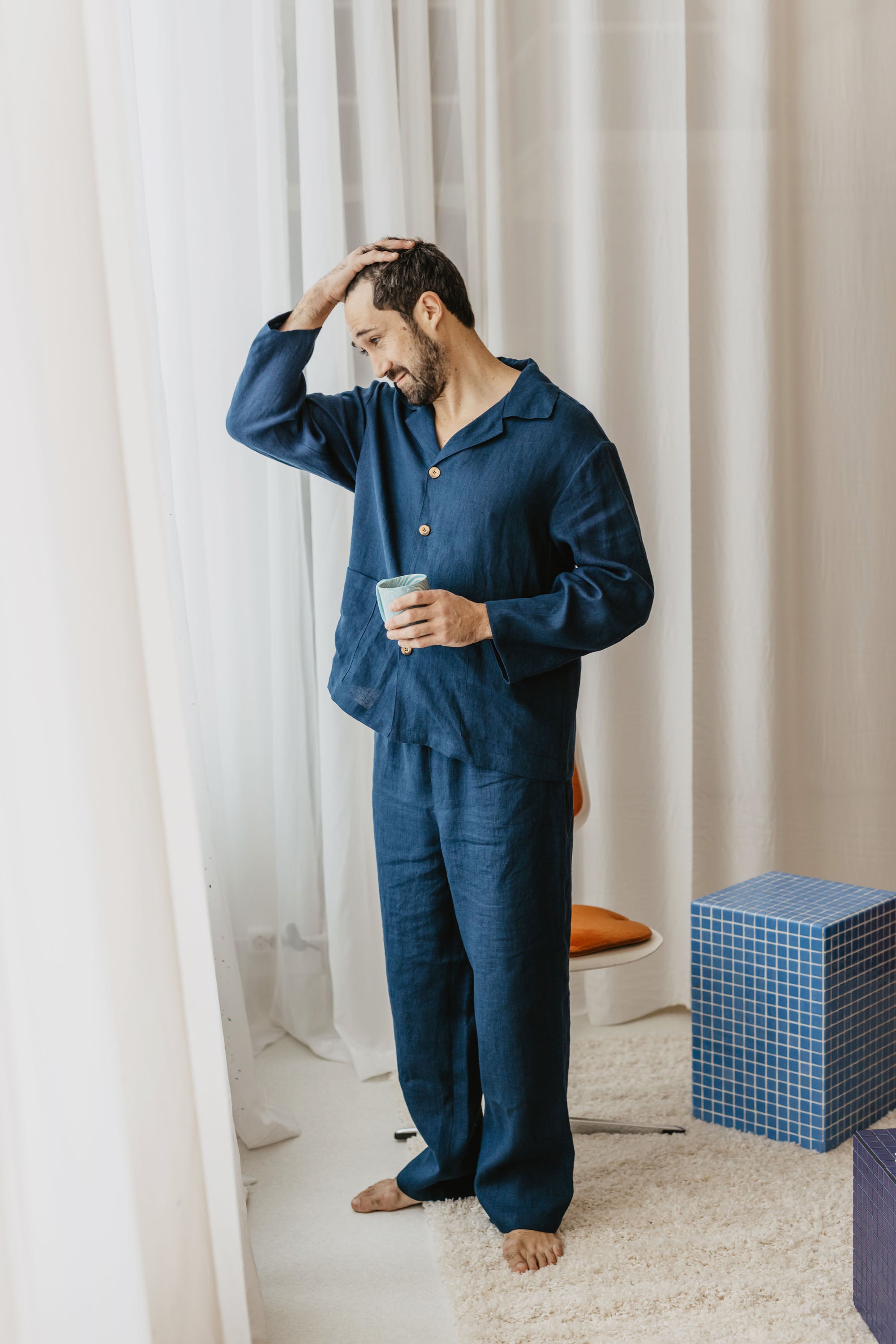 Linen Pajama Set For Men authentic In Royal Blue /Linen Loungewear for Men/ Luxury Sleepwear for Men/ Linen Clothing for Men/