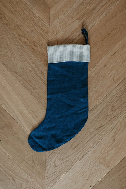 Linen Christmas Stocking with a striped cuff