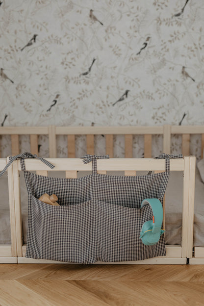 dark blue check linen pocket organiser for toddlers and babies