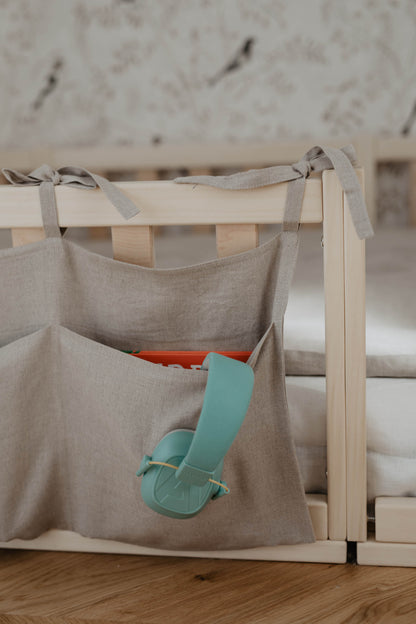 natural linen pocket organiser with headphone inside