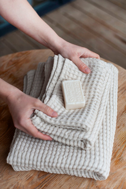 Waffle linen towel set: body, hand and face