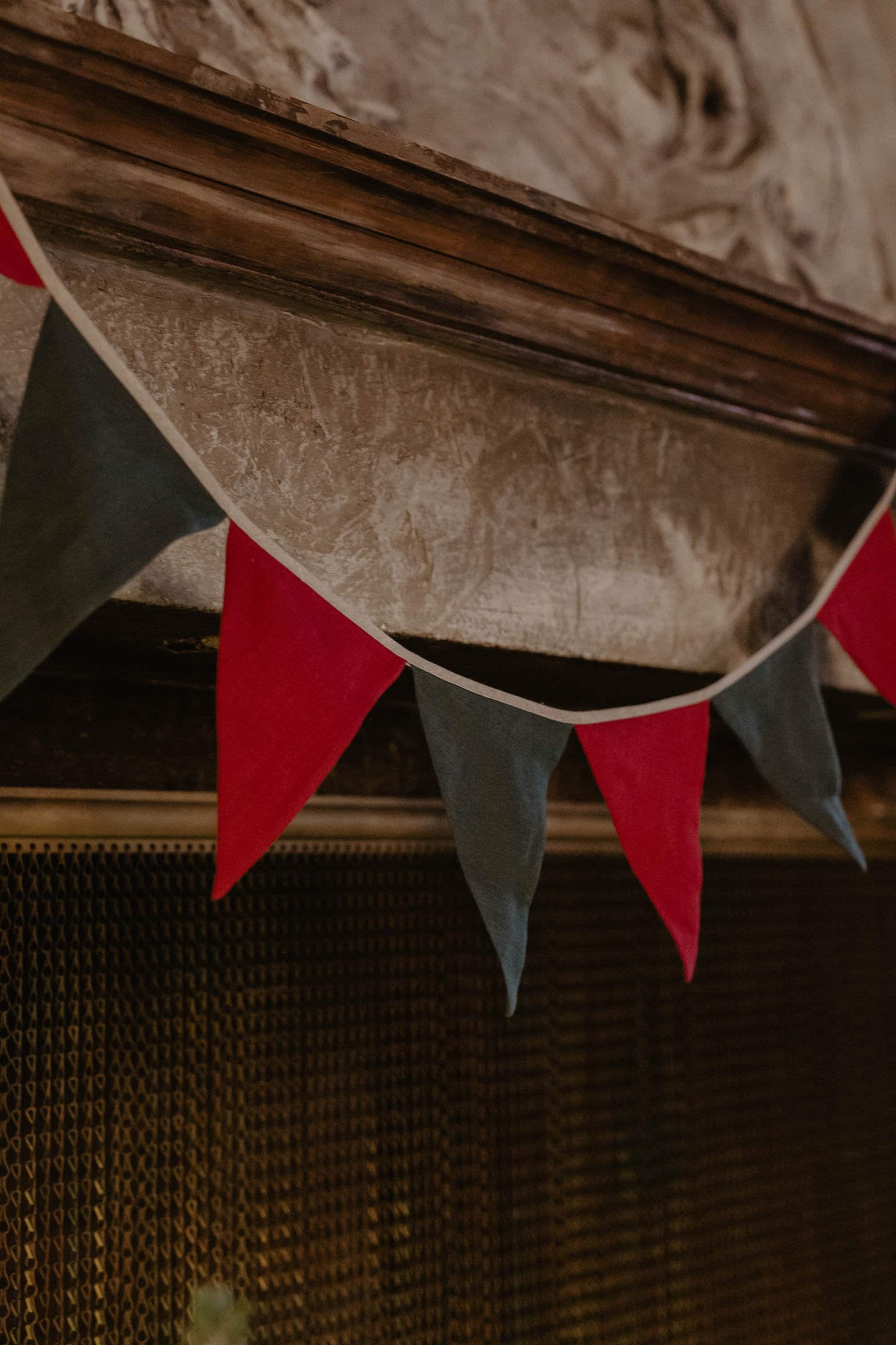 christmas festive linen bunting on chimney close up